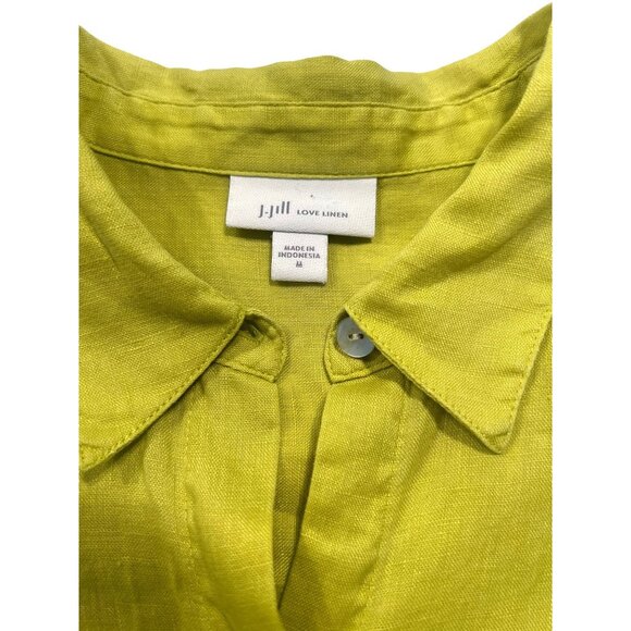 J Jill Love Linen  Lime Green  Button Up Tunic Blouse Lagenlook Roll Tab Sleeves - Picture 5 of 11